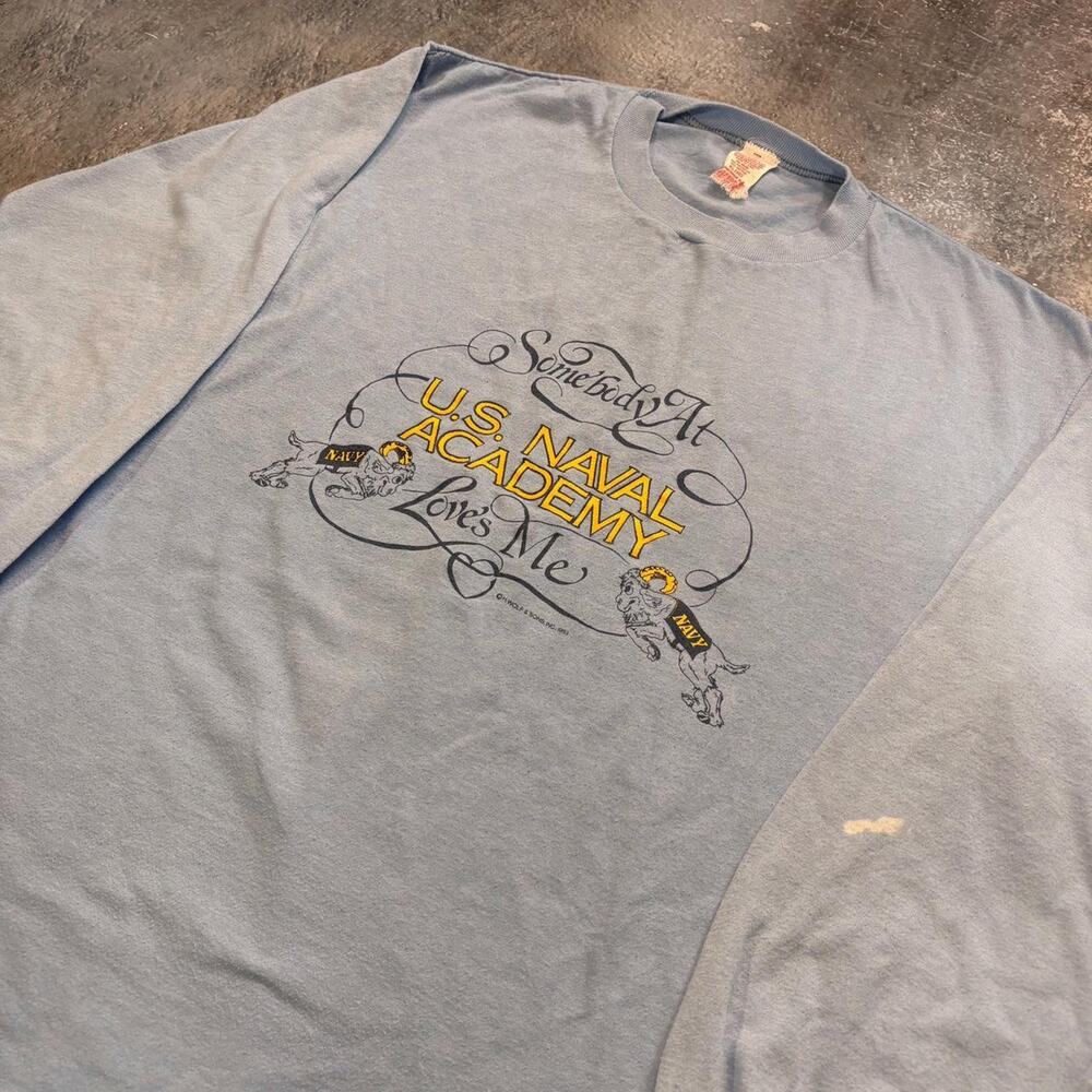 Vintage 80s Somebody at the US Naval Academy Loves Me T Shirt! Light Blue. XL